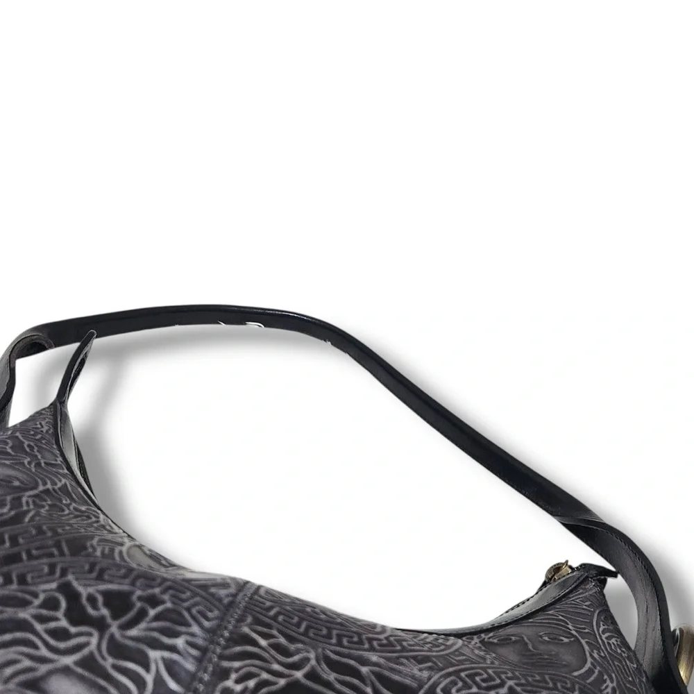 Vintage Versace Black Embossed Medusa Black Leather Women's Hobo Shoulder Bag